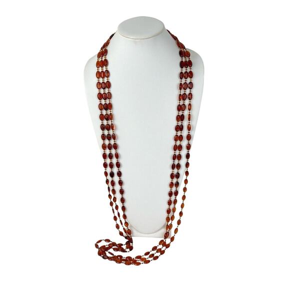 Multi Strand Necklace Long Faux Amber Plastic Beads Translucent Marquise Vintage - Picture 3 of 8